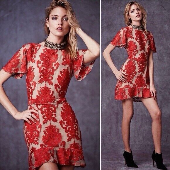 For Love & Lemons San Marcos Coquette fFloral Lace Mini Dress in Red Orange Sz S - Picture 4 of 16